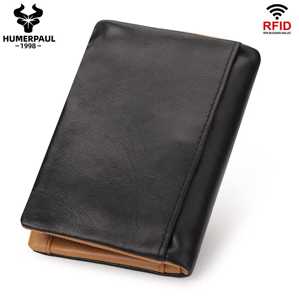 HUMERPAUL Men's Wallet Genuine Leather Money Purses with RFID Multi-Card Slots and ID Window Leisure Handbag