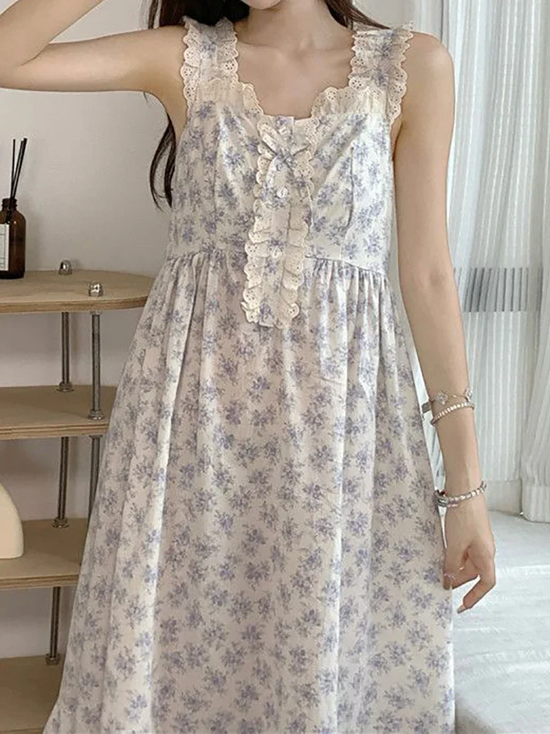 Korean Kawaii Princess Nightdress Women Summer Sleeveless Ruffles Fairy Printed Princess Nightgowns Sweet Girl Pajama Sleepwear