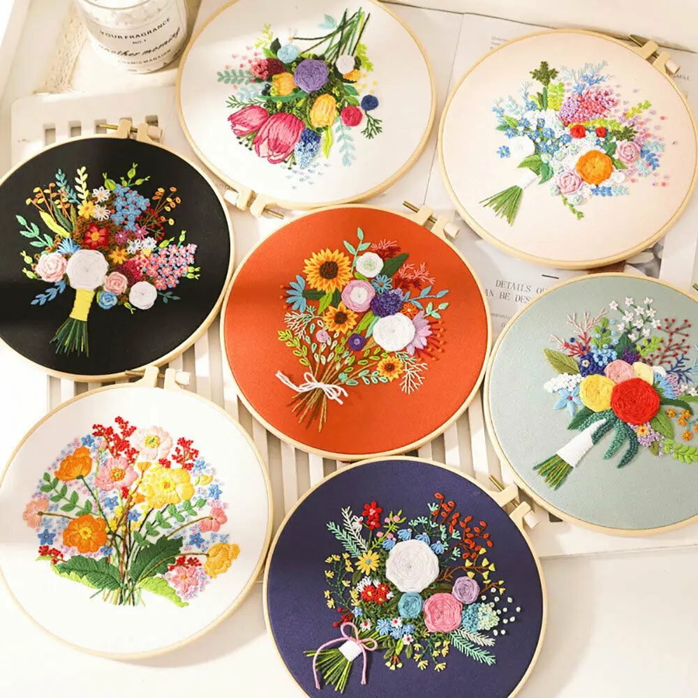 DIY Embroidery Material Kit Floral Pattern Printed Simple Cross Stitch Punch Needle Set Handwork Needlework Craft Painting Decor