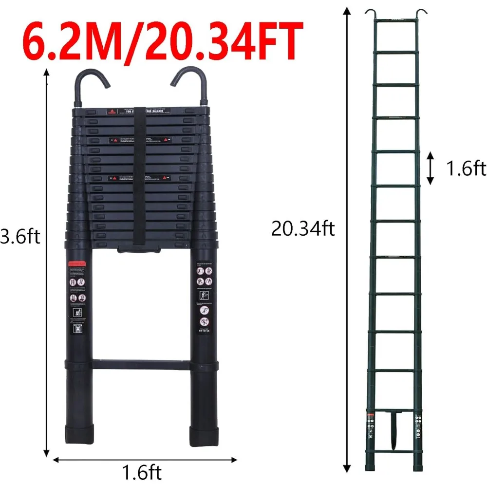 บันไดอลูมิเนียมแบบยืดหดได้ 20 ฟุต น้ำหนักเบาอเนกประสงค์ รับน้ำหนักได้ 330 ปอนด์ พร้อมตะขอเกี่ยวหลังคาแบบถอดได้ ได้รับการรับรองมาตรฐาน EN131 เหมาะสำหรับ