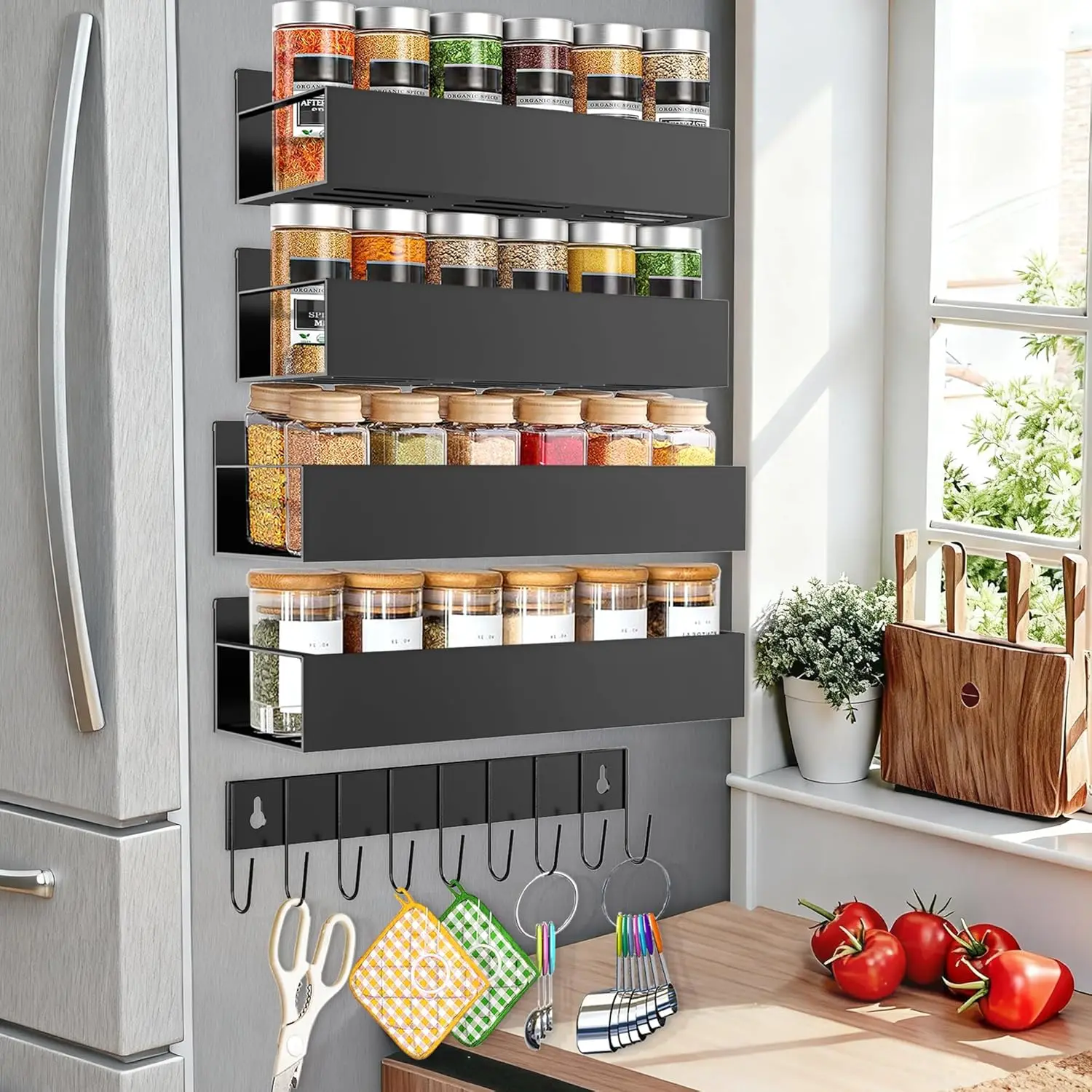 4 Pack Magnetic Spice Rack Organizer with Hooks for Refrigerator & Microwave Oven, Magnetic Shelf with Paper Towel Holder, Kitchen Gadgets, Home Organization Improvement Shelf, Strong Suction, 2 Sizes, 11 LBS Capacity, Kitchen Storage Solution