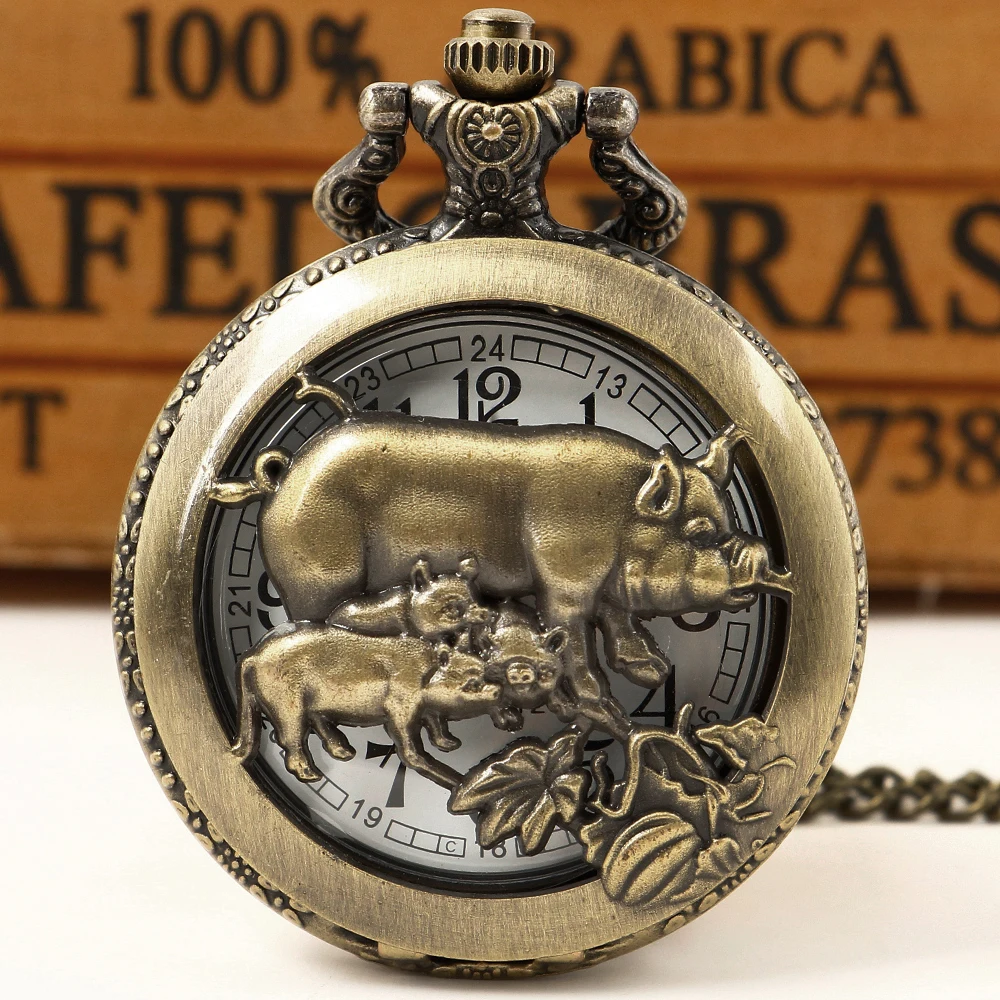 

Cute Pig 3D Carved Hollow Quartz Necklace Pocket Watch Antique Pendant Accessory Watch Gifts CF1085 retroid pocket 3