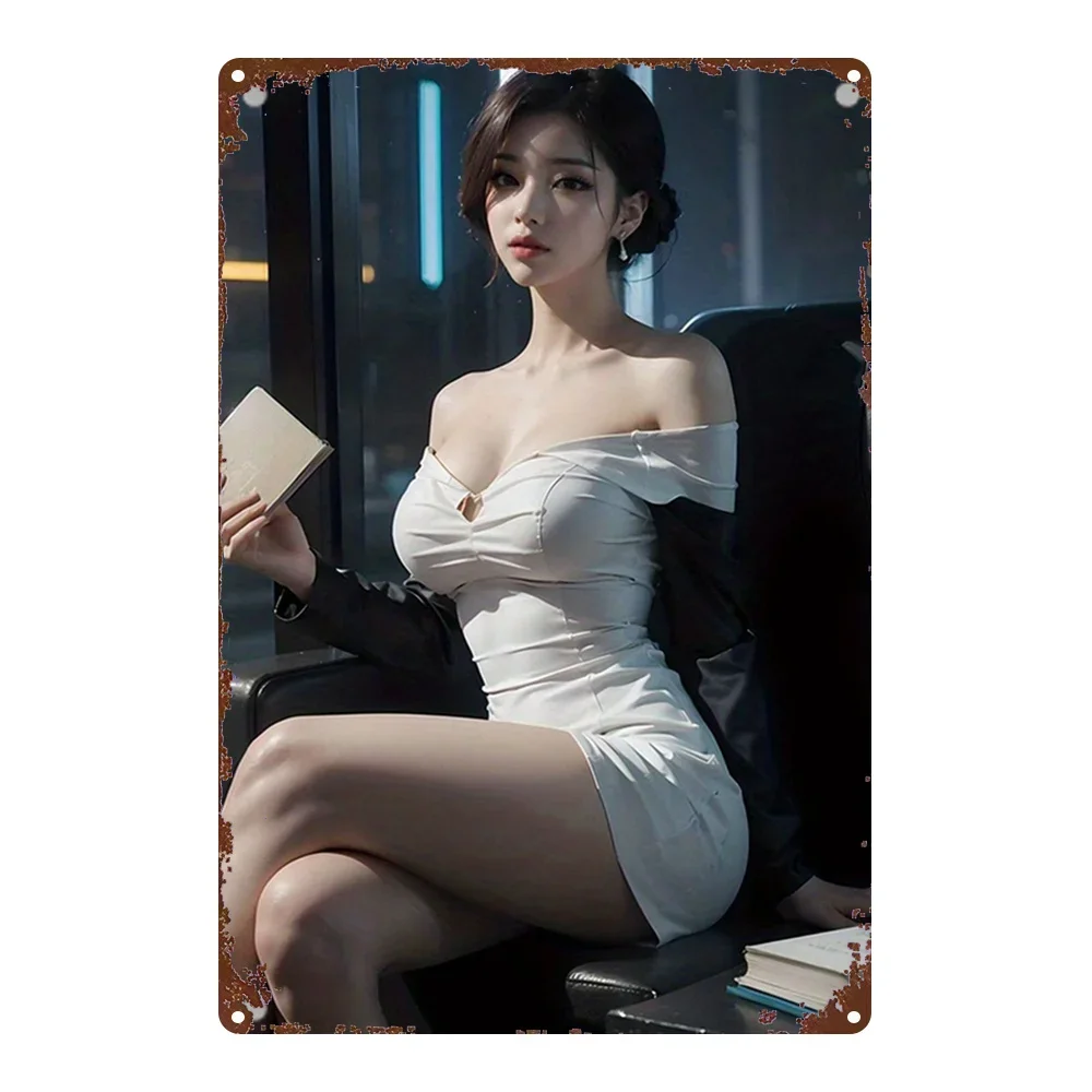 （2D Tin painting）HD Metal Tin Sign Elegant Asian Lady in White Off-Shoulder Dress Posing in Modern Office Vintage Wall Art De