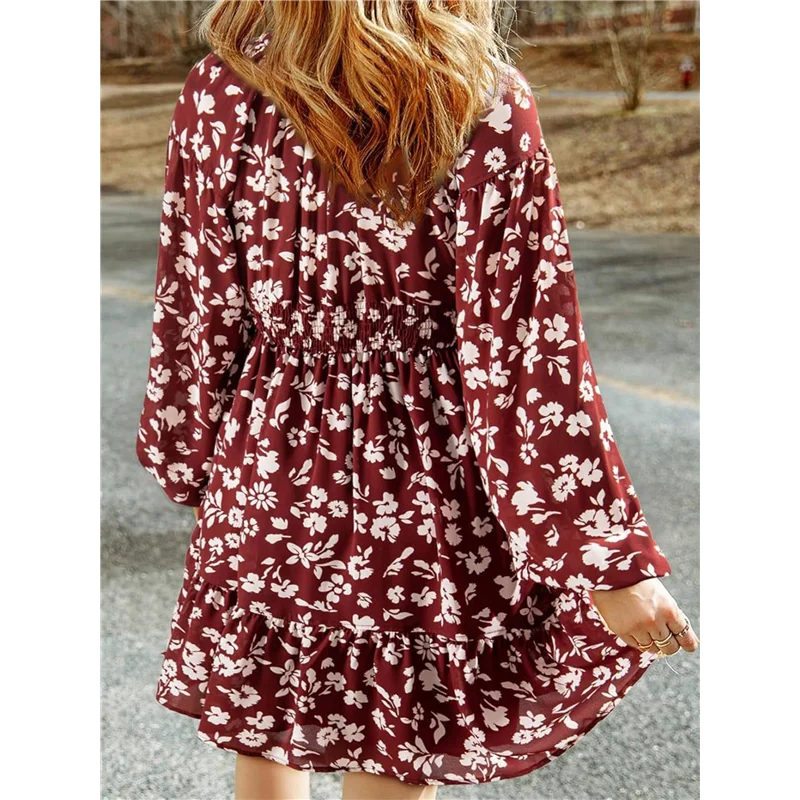 CGS-Donna Autunno Boho Floreale Scollo a V Manica lunga Smocked Elastico in vita Casual A-Line Mini abito prendisole
