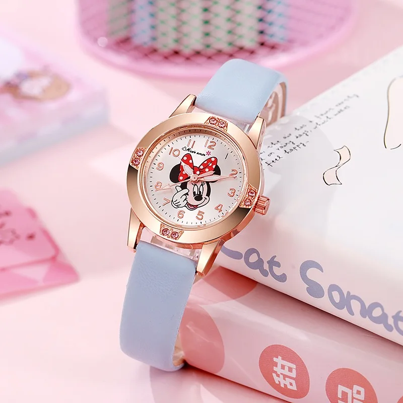 Disney Mickey Mouse Cute Fashion Cartoon Children's Watch Leather Strap Suitable for Boys and Girls Quartz Watch Festival Gift