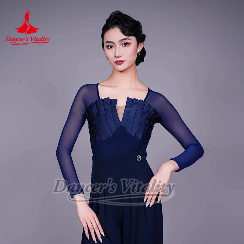 Female Adult Mesh Splicing Fashion Latin Ballroom Dance Training Tops Rumba Waltz Foxtrot Professional Practise Outfit Matching