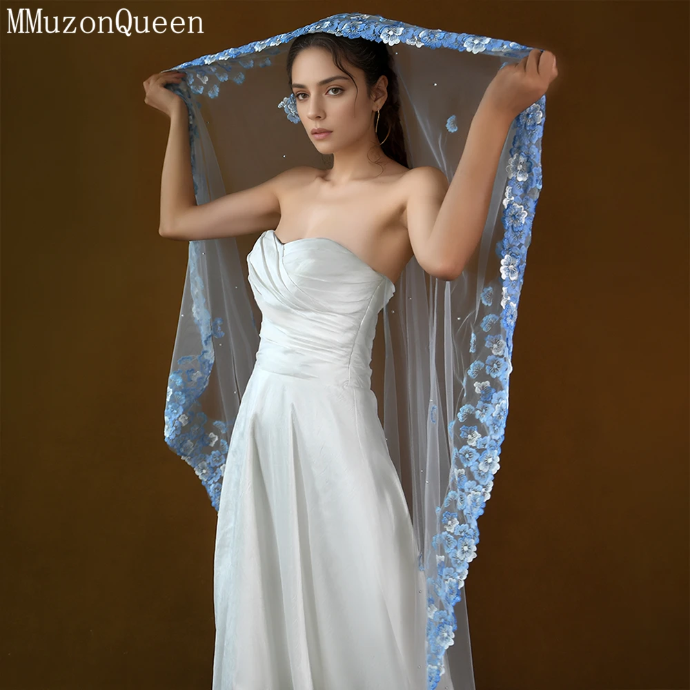 MMQ  Lace Edge Bridal Veil Cathedral 3Meters Blue Applique Long Wedding Veil One Layer Wedding Accessories For Woman No Comb M42