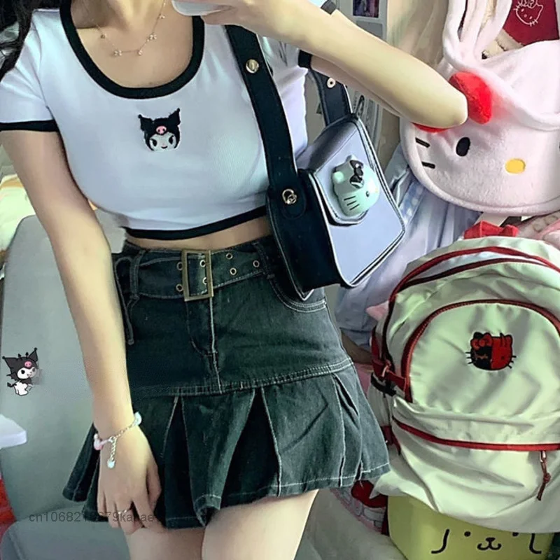 Sanrio Kuromi Clothes Y2k Short Tops Japan Style Kawaii Short Sleeve Tees Women Crop Top Cartoon Summer Slim Casual T-shirts