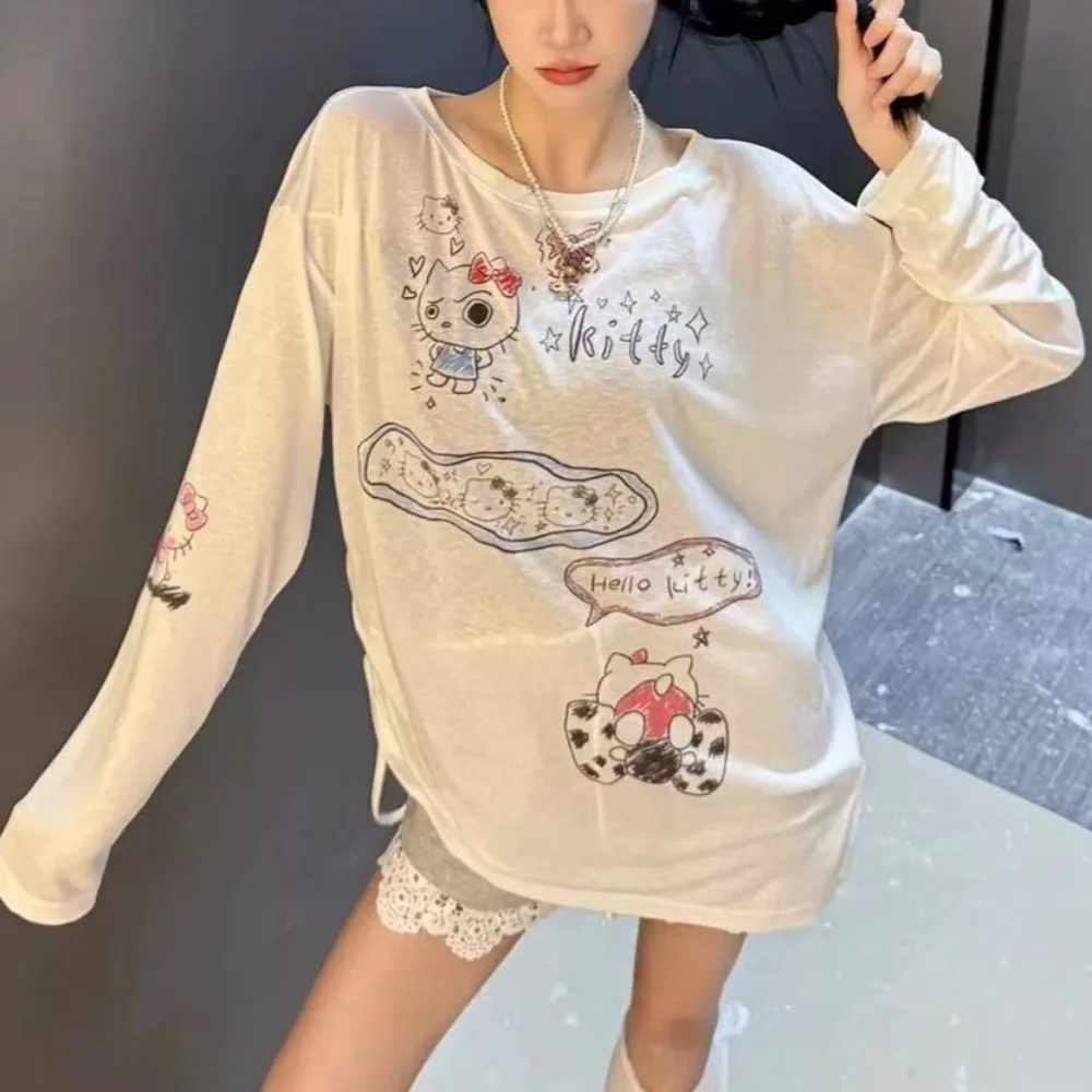 

Hello Kitty с длинными рукавами из чистого хлопка, милые топы с мультяшным принтом, модные универсальные свободные удобные топы с длинными рукавами для отдыха