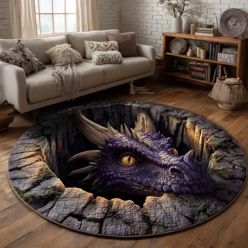 VIKAMA Rutschfester 2D-Drachenauge-Höhlen-Teppich im Gothic-Stil, rund, für Wohnzimmer, Schlafzimmer, Dekoration