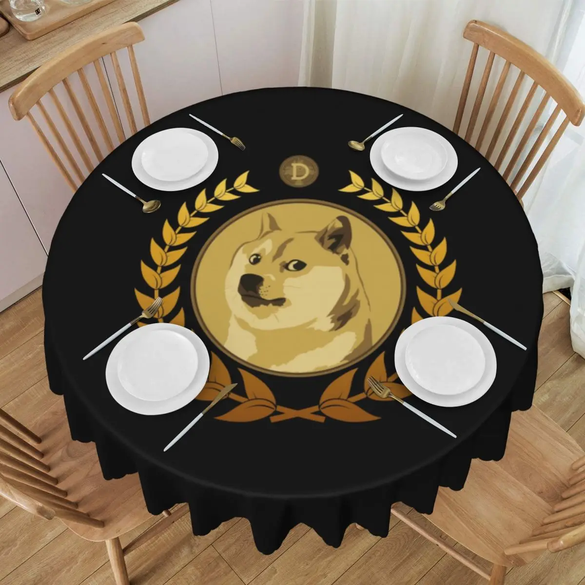 Custom Round Dogecoin Is King Tablecloth 60 inches Kitchen Dinning Table Cloth Spillproof Bitcoin Crypto Blockchain Table Cover