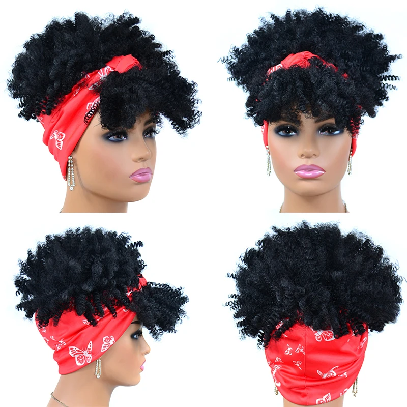 Kinky Curl Headband Wigs for Black Women Scarf Wigs Black Wig with Bangs Wig Turban Natural Wig Headbands Wigs for Black Women