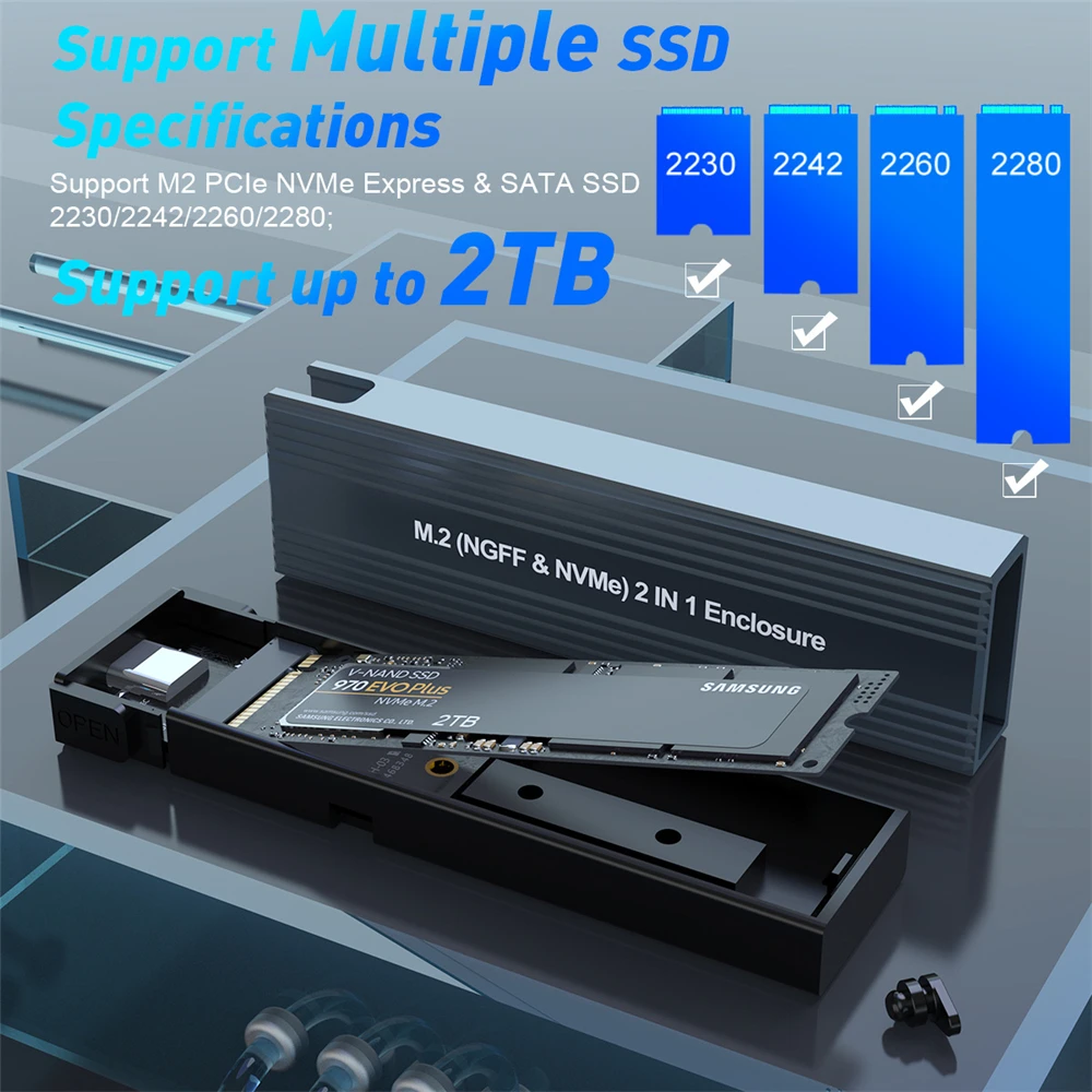 Dual Protocol ssd Case With OTG M2 Mvme Case Sata to Usb 3 M.2 External Enclosure Type-c Hard Drive Case For 2230/2242/2260/2280