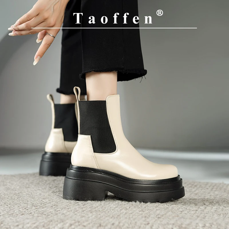 

Taoffen Fashion Chelsea Boots For Women Genuine Leather Chunky Heels Thick Bottom Shoes Slip On Office Ladies Winter Ankle Boots