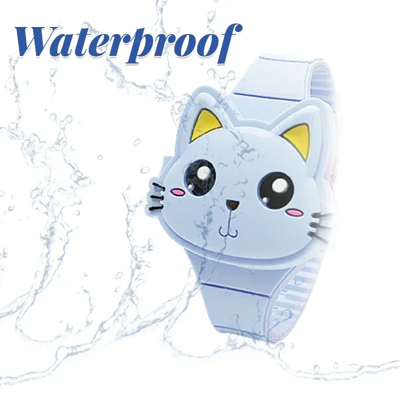 Fashion Kids Watch Cute Cat Shape LED Digital Watches for Girls Boys BPA Free Silicone Band Clamshell Design Children Wristwatch