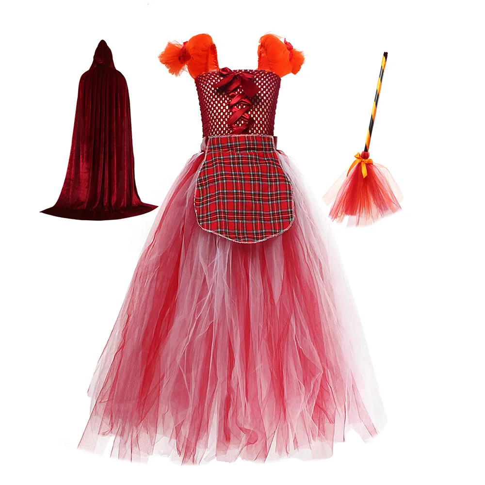 New Halloween Costume Cosplay Witch Crazy Children's Long Dress Cloak Broom Set Theme Party Role Playing Outfit for Girls