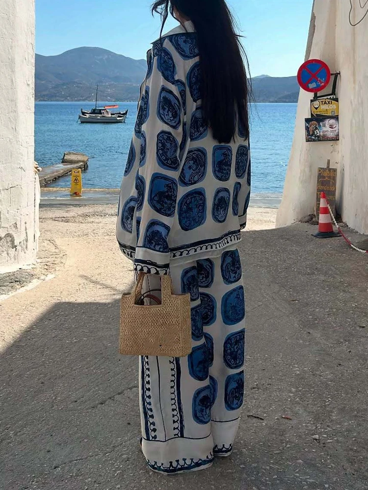 

Новый весенне-летний комплект: рубашка с длинным рукавом и брюки, повседневный богемный стиль, синий принт, пляжный женский костюм-двойка 2026