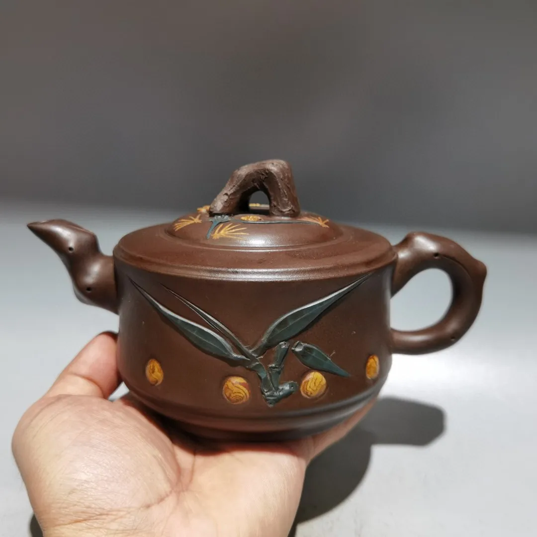 Chinese Antiques Yingxing Purple Clay Teapot Yuhua stone Pine needle Willow Leaf Pattern Tree Root Mouth Teapot Kettle Flagon