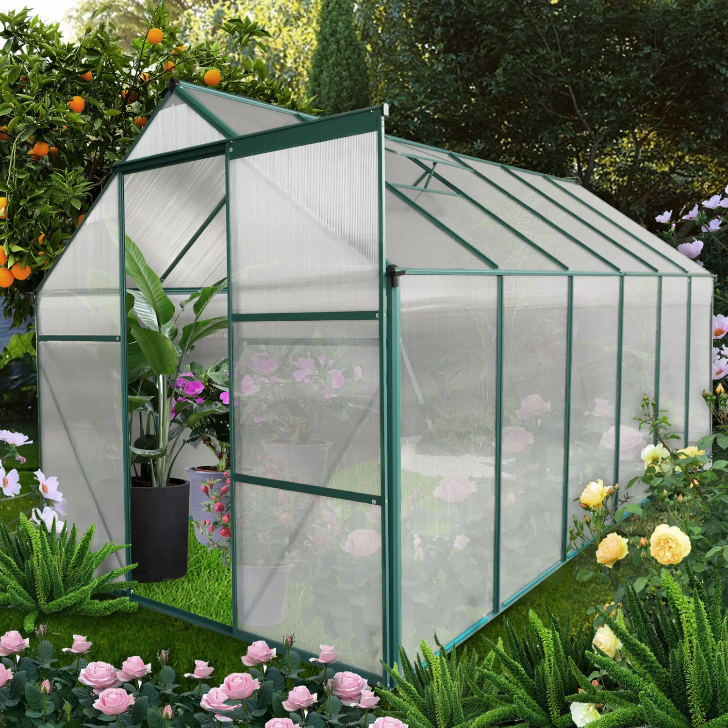 6x12 FT Gewächshaus aus Polycarbonat mit erhöhtem Boden und Anker. Hochleistungs-Gewächshäuser aus Aluminium für den Hinterhof im Freien in allen Jahreszeiten