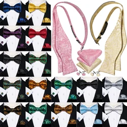 Barry.Wang Silk Mens Self Bowtie Jacquard Butterfly Bow Tie Hanky Cufflinks For Male Pink Purple Gold Blue Green Red Beige Mint