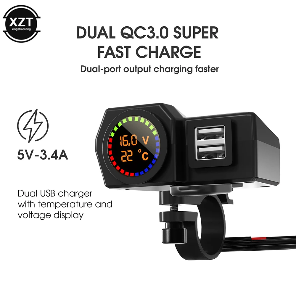 

60W Motorcycle QC3.0 PD Charger Socket USB Type-C Fast Charging Motorcycle Charger Plug Voltmeter Thermometer Digital Display
