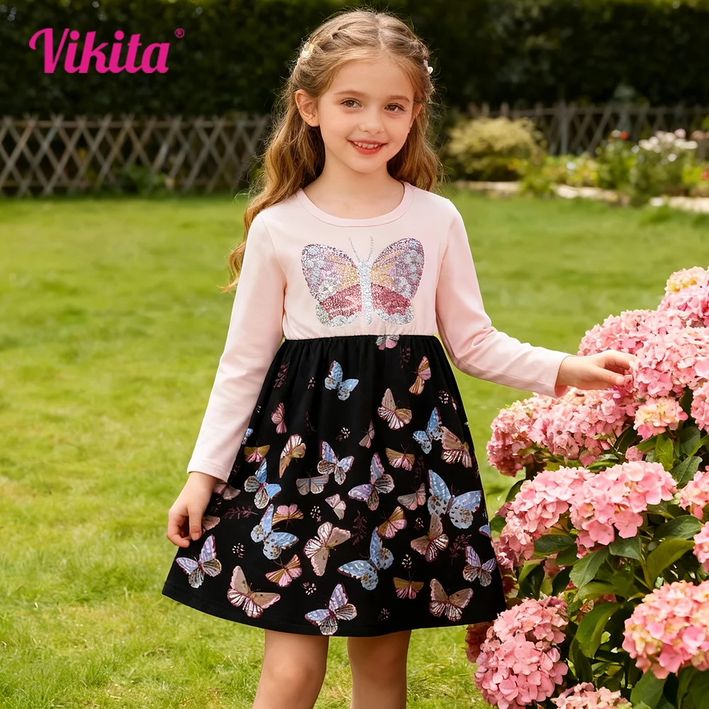 VIKITA Girls Long Sleeve Autumn Spring Dress Kids Butterfly Sequined Appliqued Sparkly Colorful Stylish Cotton Casual Dresses