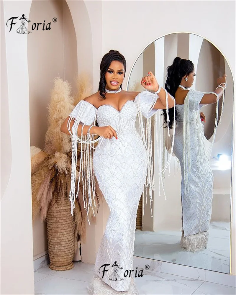 Elegant Major Pearls Beaded Dubai Mermaid Evening Dress Ivory Off Shoulder Tassels Aso Ebi Woman Prom Party Dress Robe De Soiree