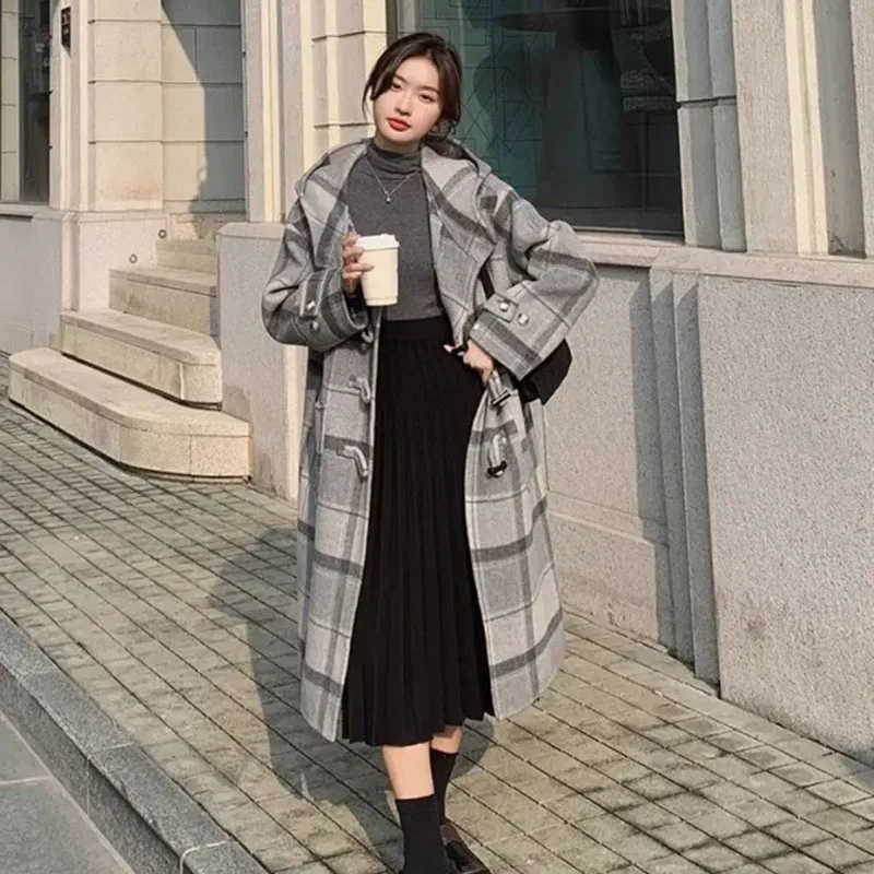 Woolen Long Coat Retro Plaid Warm Long Sleeve Hooded Outwear Cow Horn Button Office Lady Fashion Casual Loose Jacket