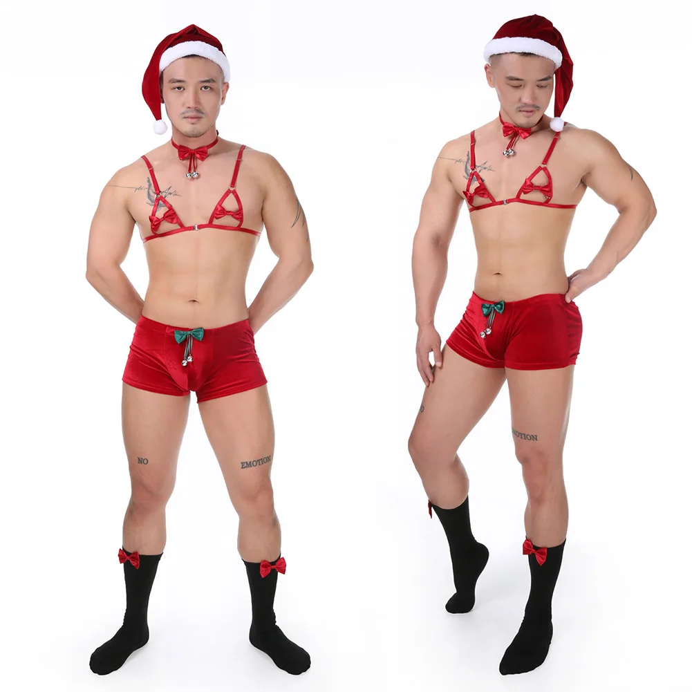 Men 5 Pcs/set Underwear Christmas Lingerie Bell Socks Santa Hat Sexy Suit Party Male Uniform Temptatio Erotic Sex Clothes