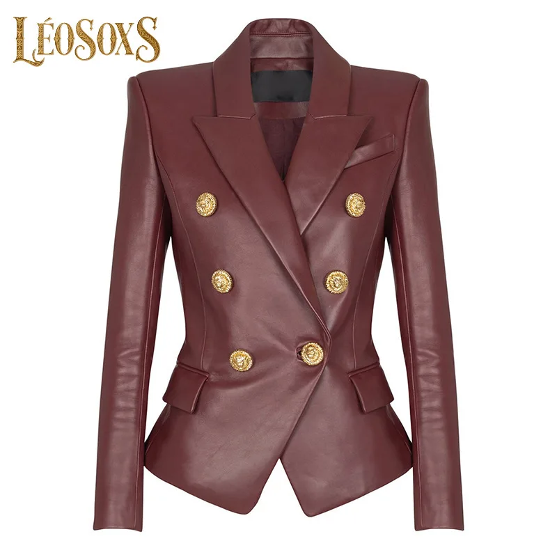 

Женский кожаный блейзер LEOSOXS бордового цвета, двубортный, с золотыми декоративными пуговицами, приталенный, для работы, вечеринок, элегантных и стильных мероприятий, 2025