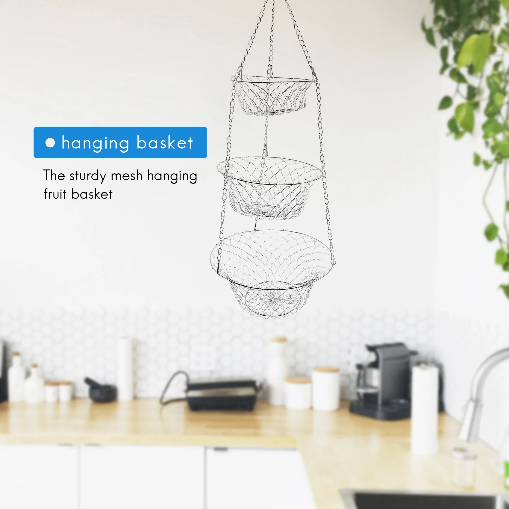 ตะกร้าผลไม้3ชั้นตะกร้าที่เก็บเครื่องครัวผักแขวนโซ่ประหยัดพื้นที่ตะกร้าเก็บผลไม้ (สีเงิน)