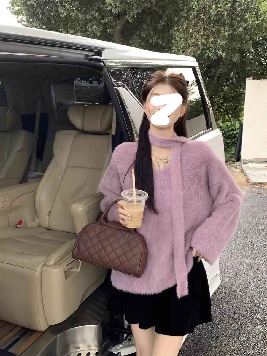 秋冬レディースニットミンクセータールーズフフトップソフトスリーブレイジースリーブVネックロングスリーブ暖かいサーマルファション