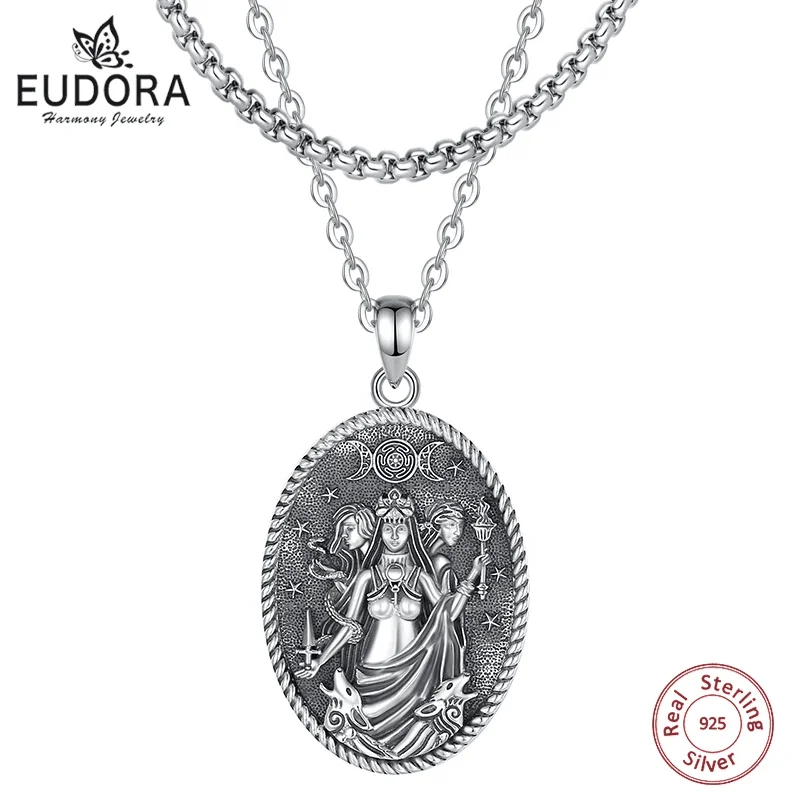 Eudora 925 Sterling Silver Triple Moon Goddess Necklace Vintage Dog Hecate Amulet Pendant Triple Goddess Jewelry Personality Gif