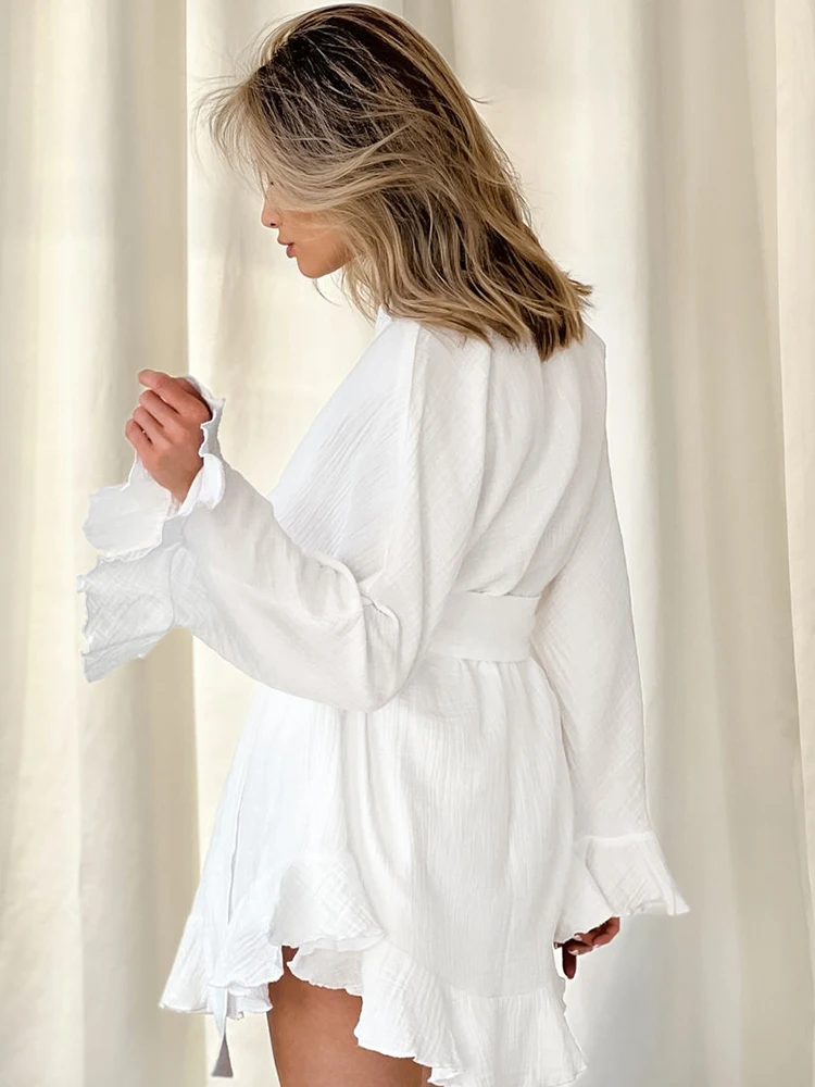 Hiloc Ruffle Women\'s Nightwear White 2 Piece Sets Cotton Long Sleeve Pajamas Sashes Loose Suits With Shorts Female Set 2024 New