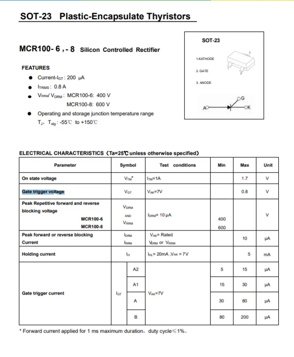 3000PCS Silicon Controlled Rectifiers Thyristor  MCR100-8 100-8 600V SOT-23 MCR100-6 100-6 400V On/Gate trigge 1.7V 0.8V SOT-23