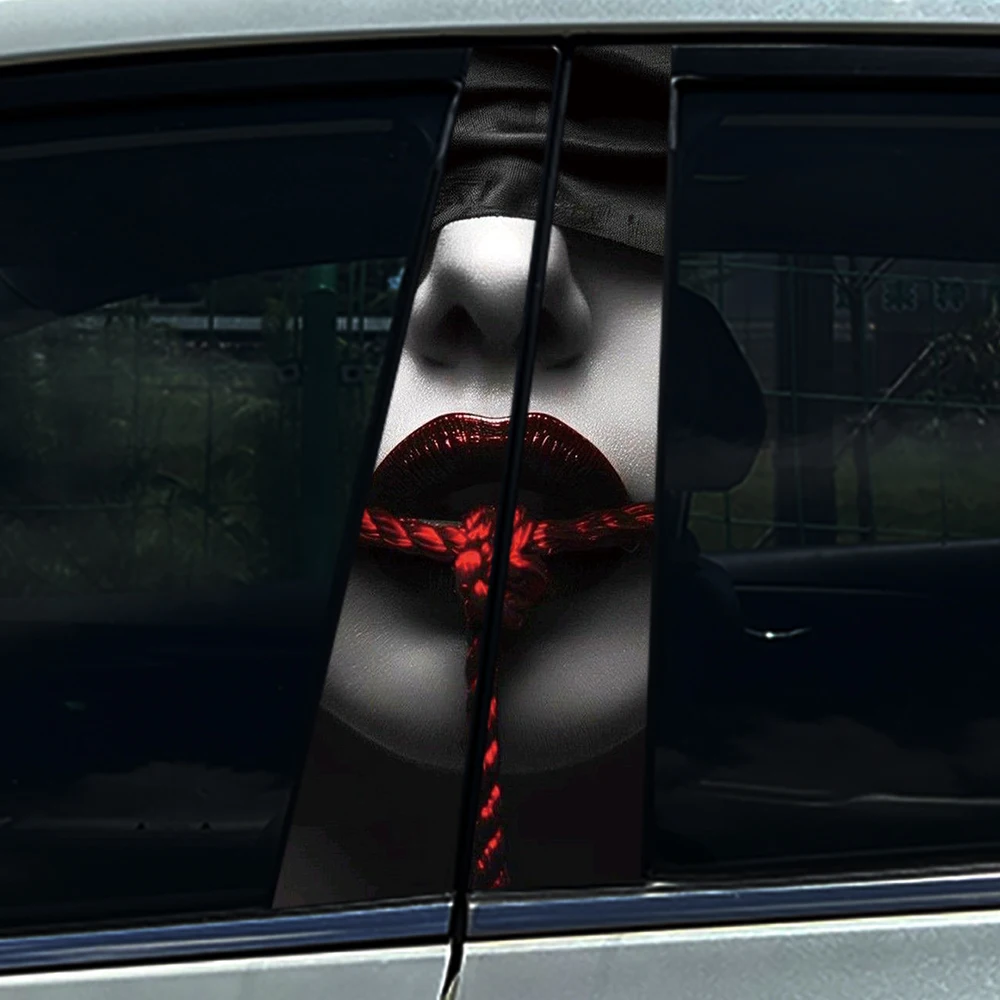 

2PCS Gothic Red Lips Tied with Rope Car B-Pillar Decal Waterproof UV-Resistant Vinyl Sticker for Auto Door Column