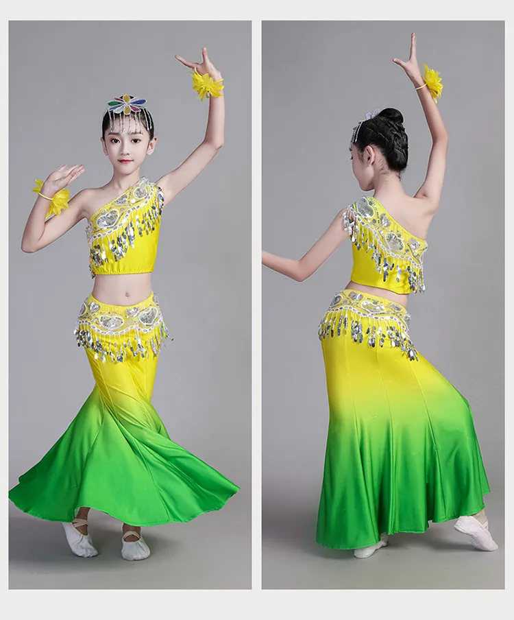 Children's Dai Dance Costume Elastic Peacock Dance Performance Costume Fishtail Skirt Minority Folk Dance Nationality Dress