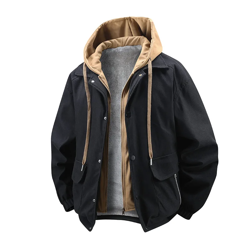 Autumn Winter Man Plush Jacket High Street Contrast Color Male Hooded Coat Long Sleeve Pocket Windproof Daily Men Outerwear