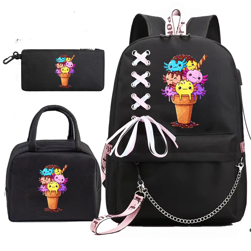 3 قطعة مجموعة حقيبة الكتب Mochila Bookbag الآيس كريم Axolotl لطيف الطفل حقيبة المدرسة مع أكياس الغداء ، أكياس قلم رصاص ، حقائب مدرسية هدية