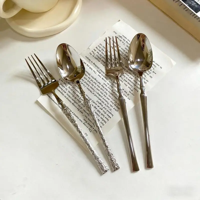 Stainless Steel Long Handle Spoon Dinnerware Set Western Steak Cutlery Ice Pattern Spoon Fork Tree Bark Pattern Small Waist