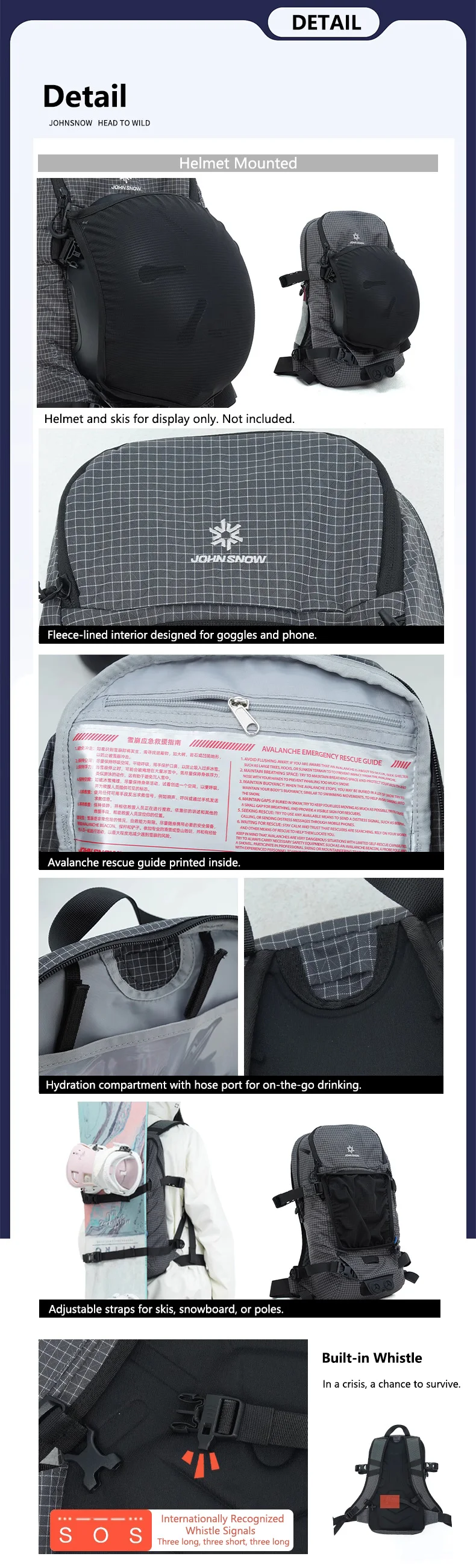 John Snow Ski-Touren-Rucksack für Herren und Damen, leichter Tagesrucksack zum Snowboarden, Rückenland, Skifahren, Wandern und Bergsteigen – Detail 6