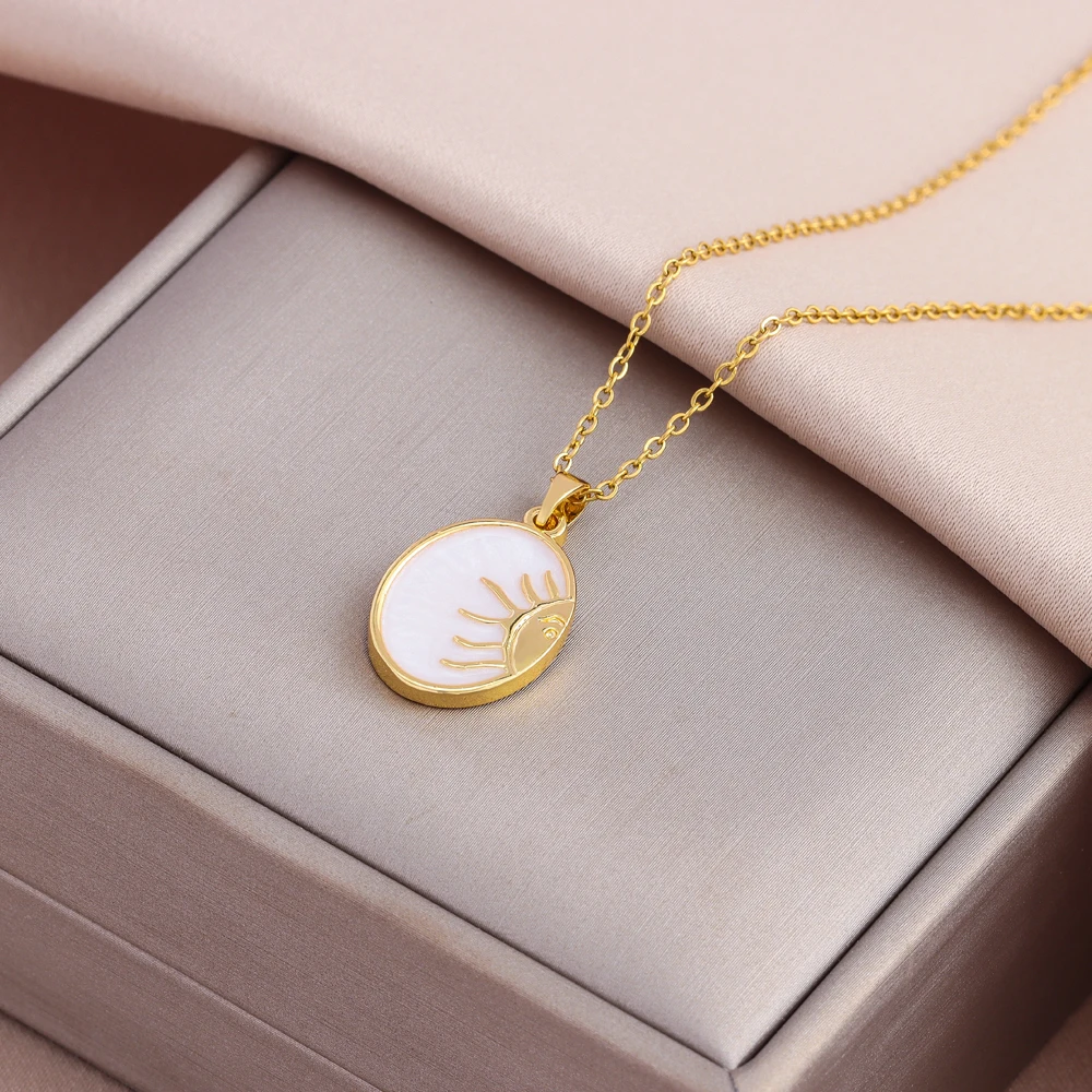 New Oval Drip Oil Sunrise Pendant Necklaces For Women Female Stainless Steel Clavicle Chain Jewelry Girls Daily Wear Neck Chains