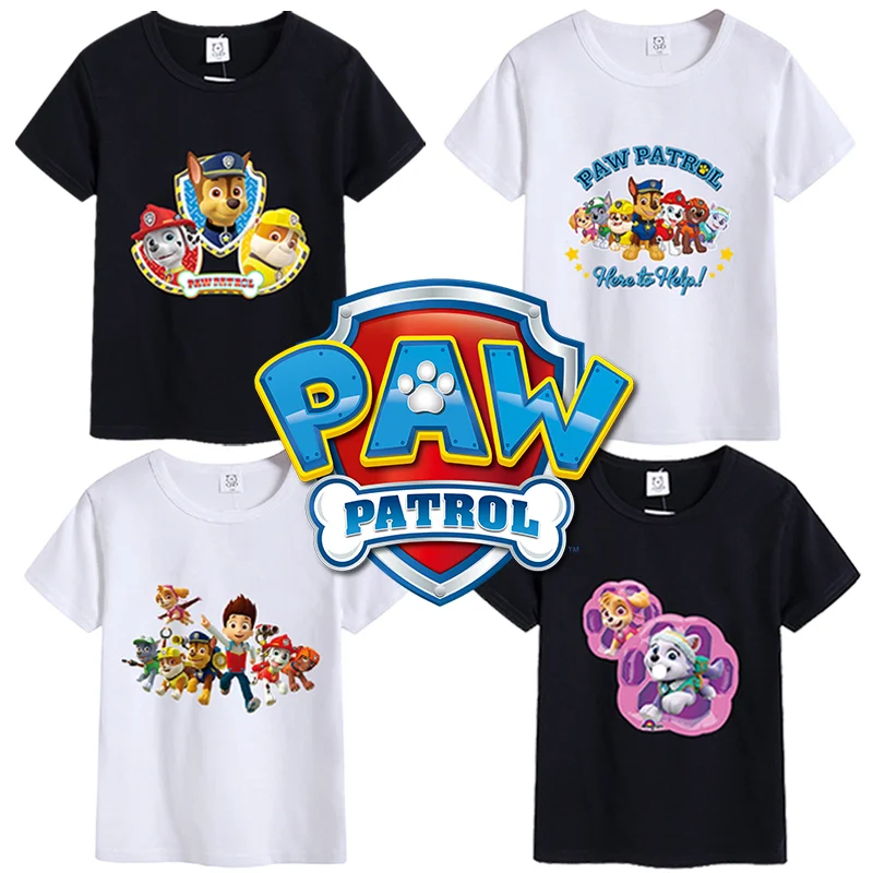 Paw Patrol Children T-Shirt Simple Basic Black & White Short Sleeve Anime Cartoon Chase Skye Cute Summer Clothes Birthday Gift