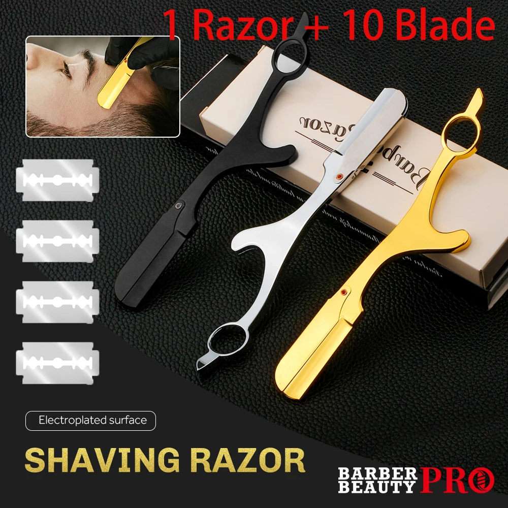 

Professional Ring Handle Baber Beard Straight Edge Shaving Razor Men Hair Removal Tools for Home Shaving with 10 Blade