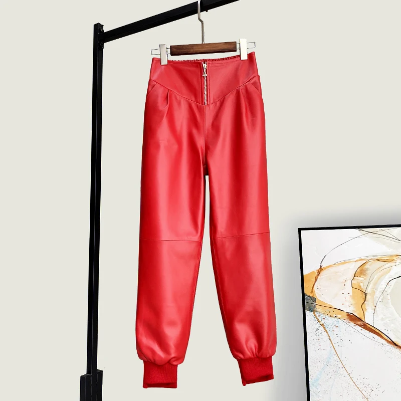 Winter New High Quality Genuine Real Leather Trousers Women's Fashionable Sheepskin Pants All-Match Elastic Waist