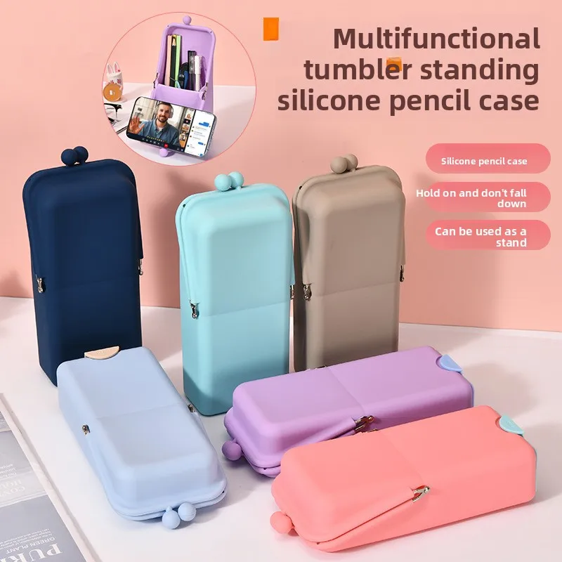Multifunctional Standing Silicone Pencil Case Large Capacity Macaron Color for Student Stationery Cosmetic Toiletry Storage Bag