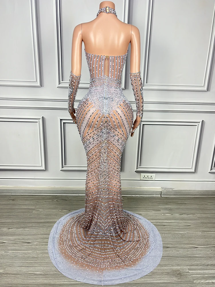 فستان سهرة مثير بحجر الراين Gogo زي حفلات الملهى الليلي بريق فاخر للنساء فساتين أنيقة بطول الأرض ملابس المسرح yj182