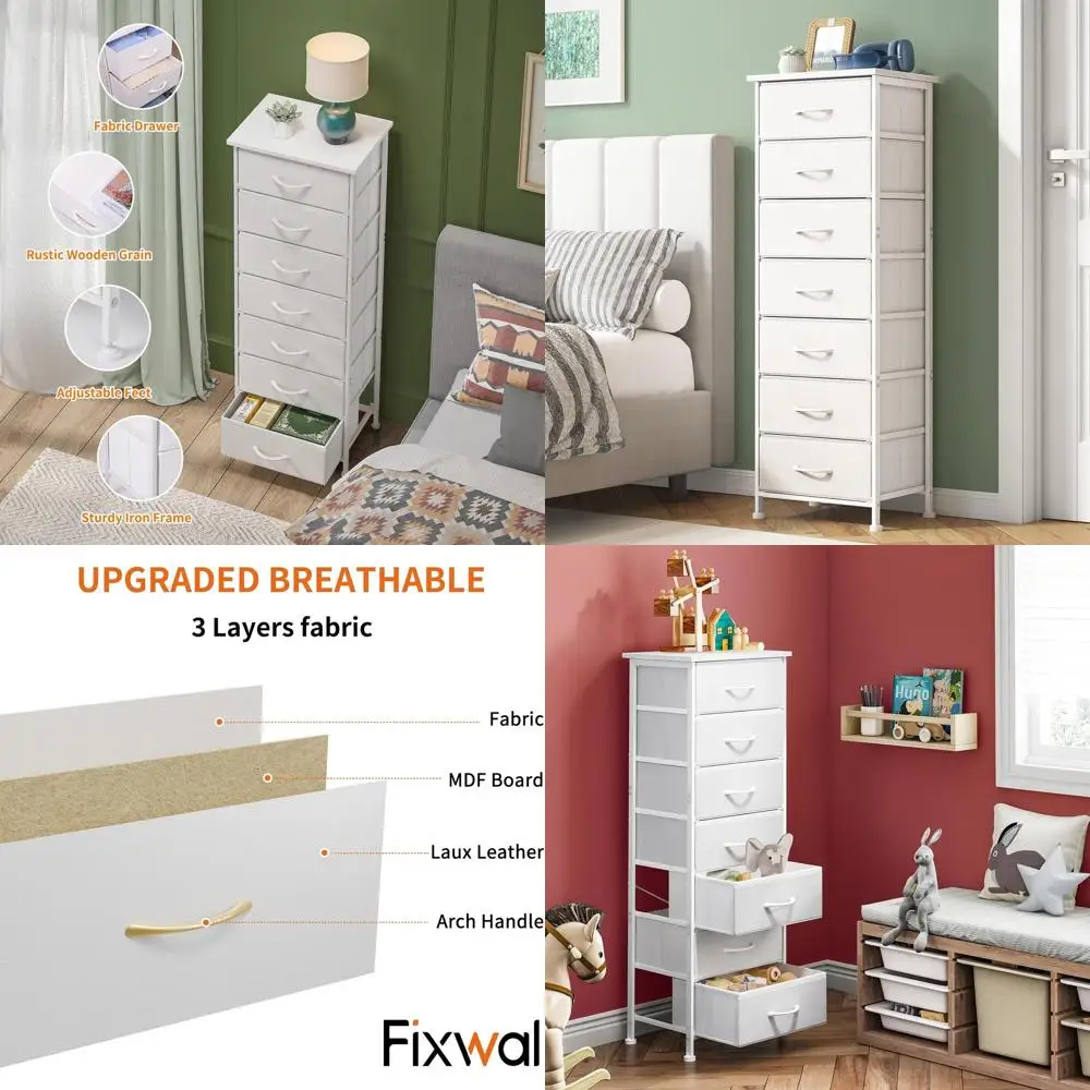 

Тонкий белый высокий комод-органайзер для спальни с 7 тканевыми ящиками, прикроватная тумба для гардероба, прихожей, коридора