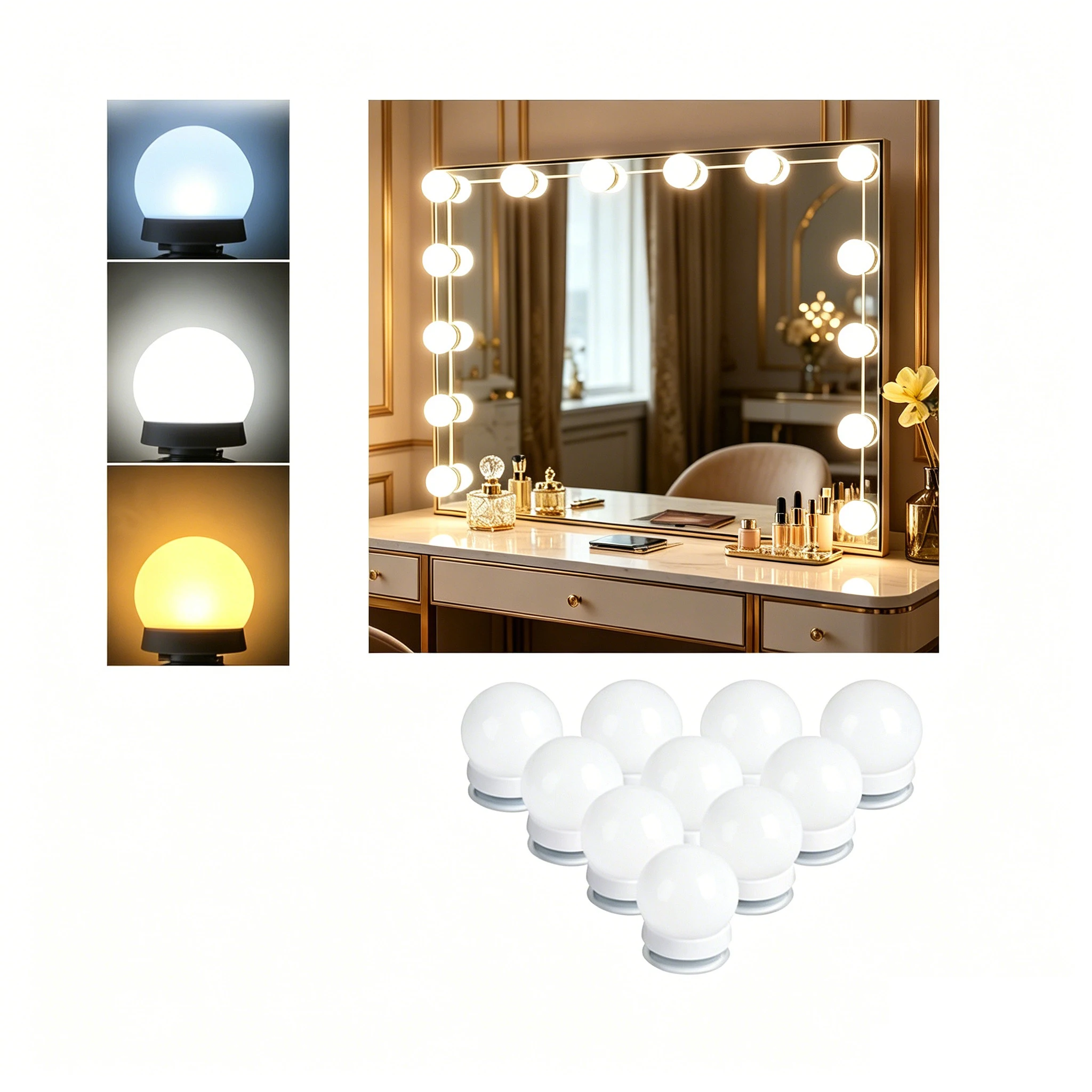 Tri color dimming mirror, headlight, LED makeup mirror, bulb string, suction cup, fill light mirror, light string, makeup mirror