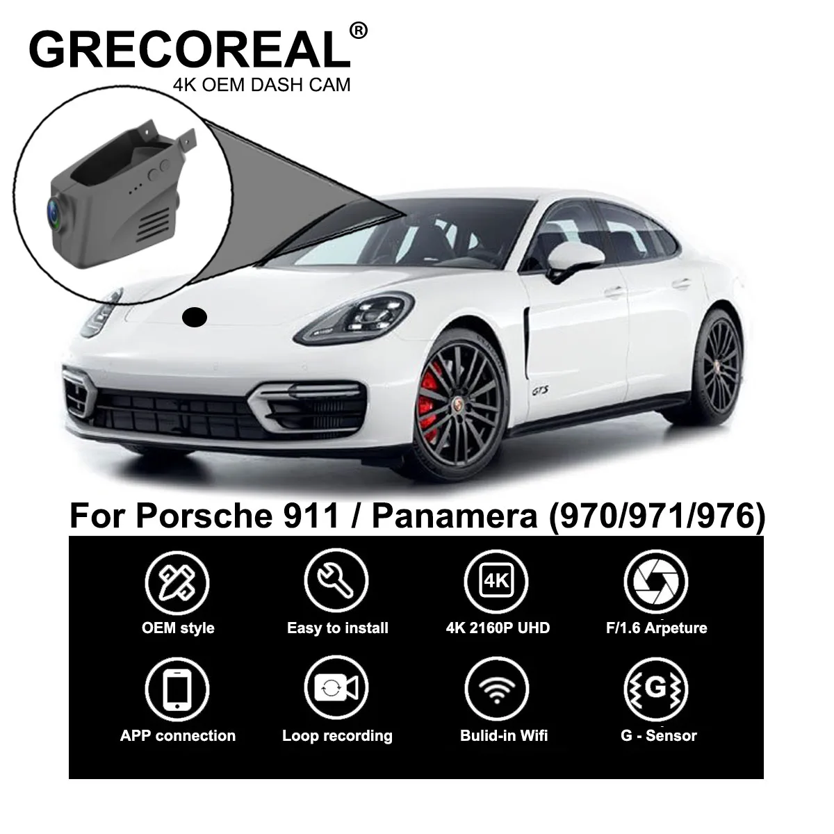 GRECOREAL 4K Dash Cam Front and Rear 2160P WiFi Car Dual Dashcam Plug Play Compatible with Porsche 911 Panamera 970 971 976